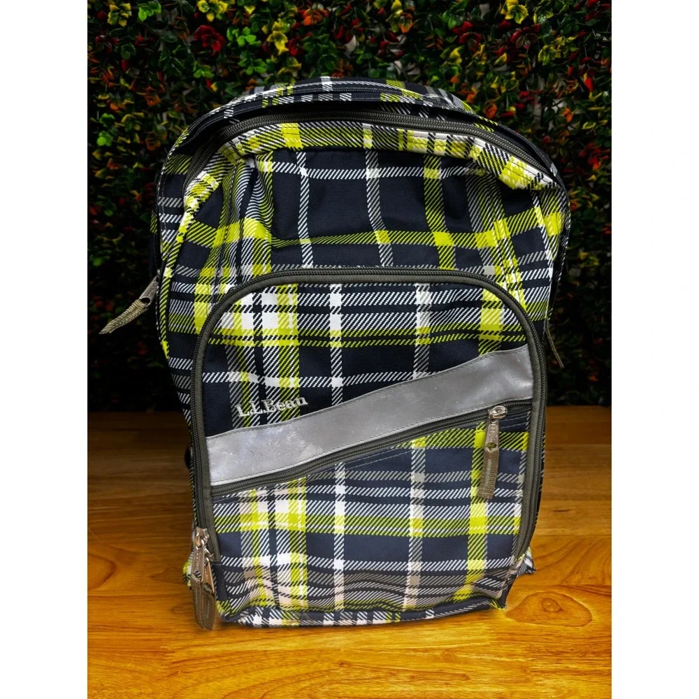 LL Bean Deluxe Book Pack Backpack Lime Green Black Plaid Reflective School Bag
